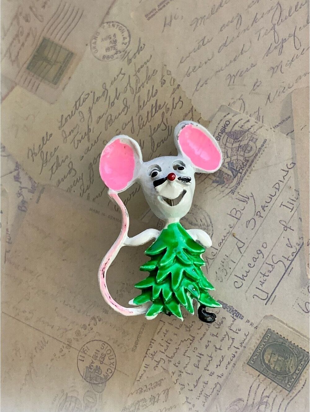 Vintage Cute Mouse Pin with Festive Green Tree Outfit - Fun Holiday Brooch